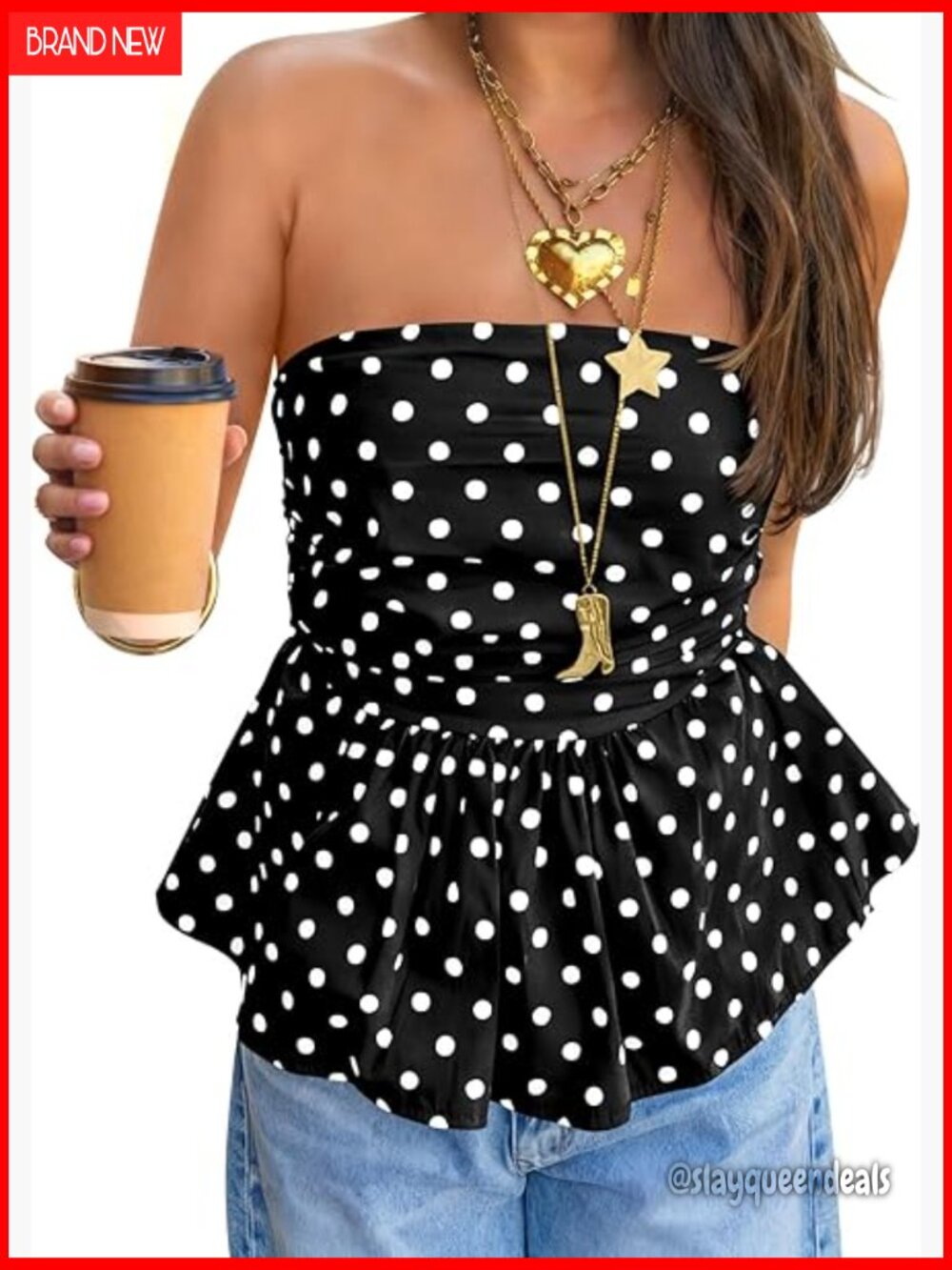 Strapless Polka Dot Tube Top Backless Ruffle Hem Y2K Bandeau Top